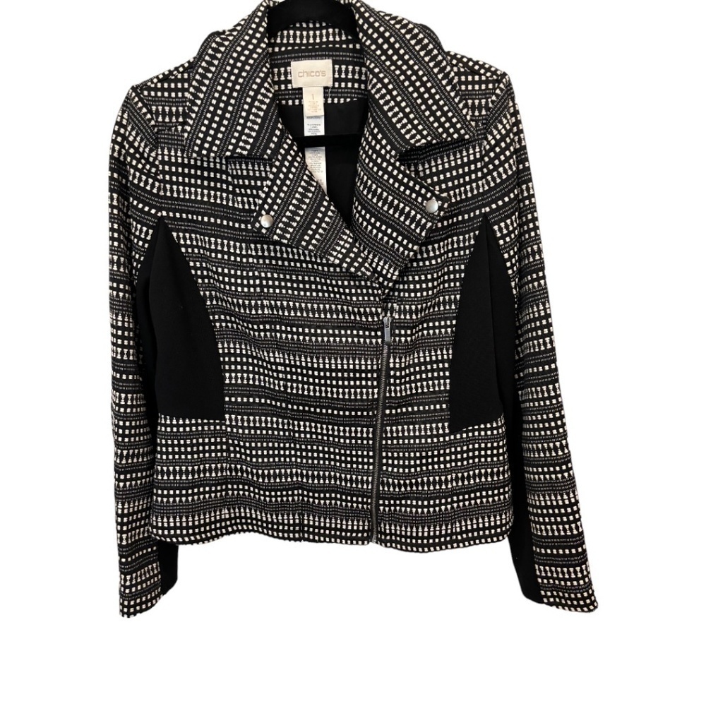 Chico's Black White Tapestry Off-Set Front Zipper Long Sleeve Jacket Chico's 1
